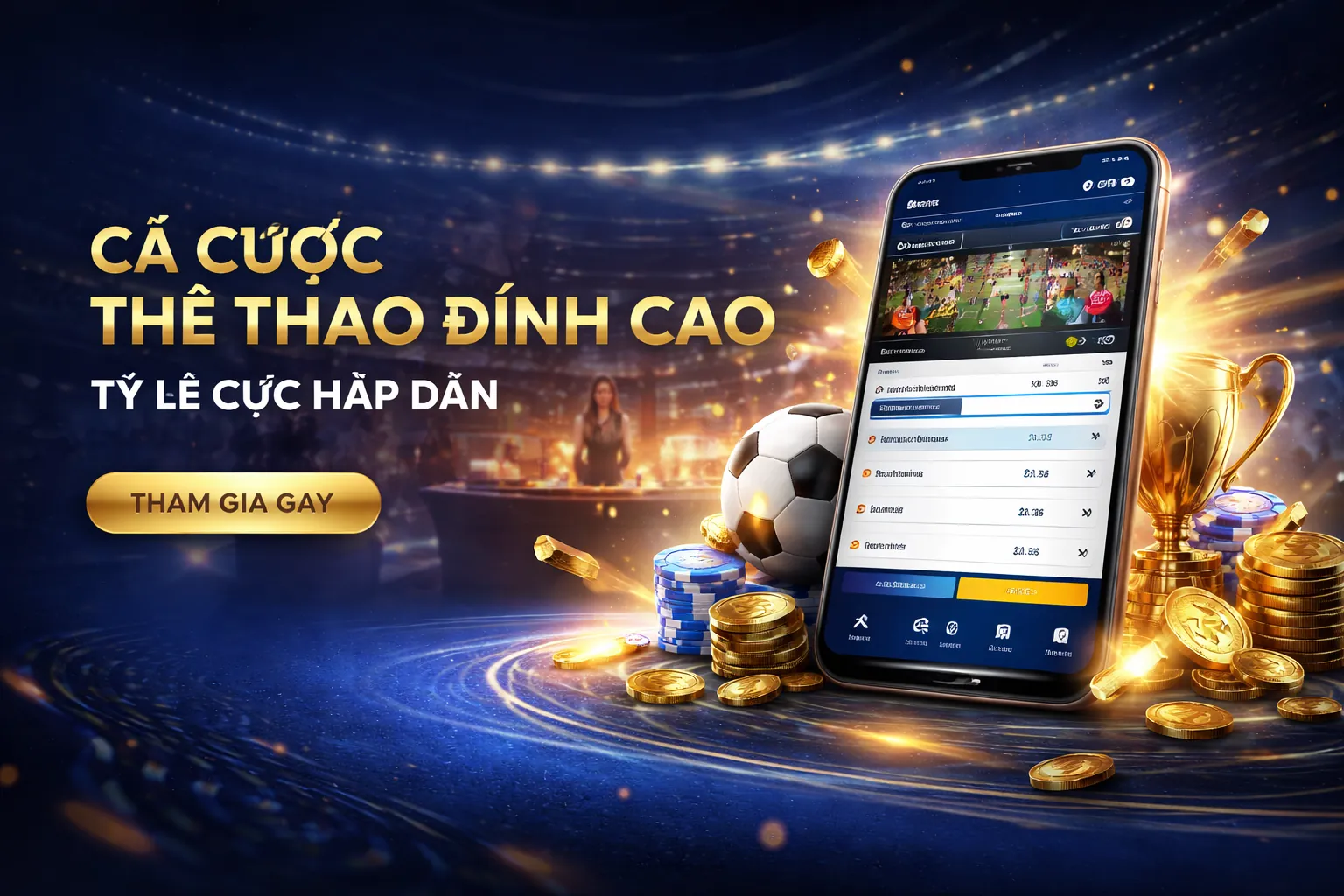 Sân vận động với ánh đèn rực rỡ và các trận đấu thể thao đang diễn ra, biểu tượng cho cá cược thể thao sôi động tại Topzo Vin